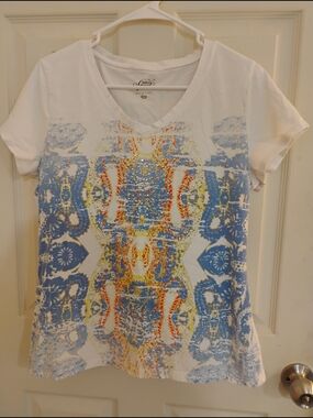 Style & Co. White V-Neck Tee with Blue, Yellow & Orange Abstract Motif
